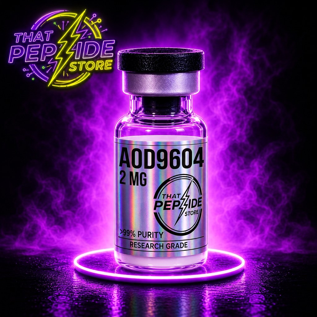 AOD9604 2mg research peptide vial — lyophilized powder, ≥99% HPLC purity, third-party COA available. For research use only.