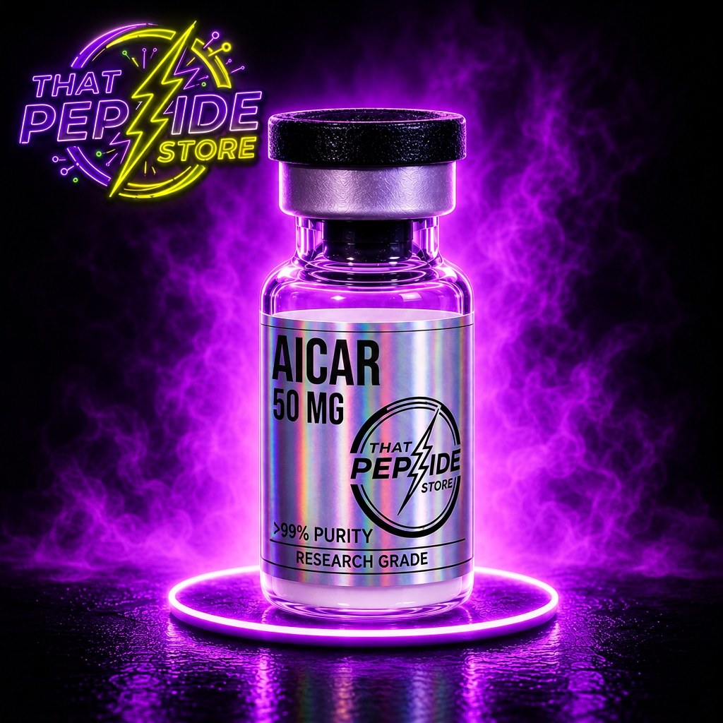 AICAR 50mg research peptide vial — lyophilized powder, ≥99% HPLC purity, third-party COA available. For research use only.