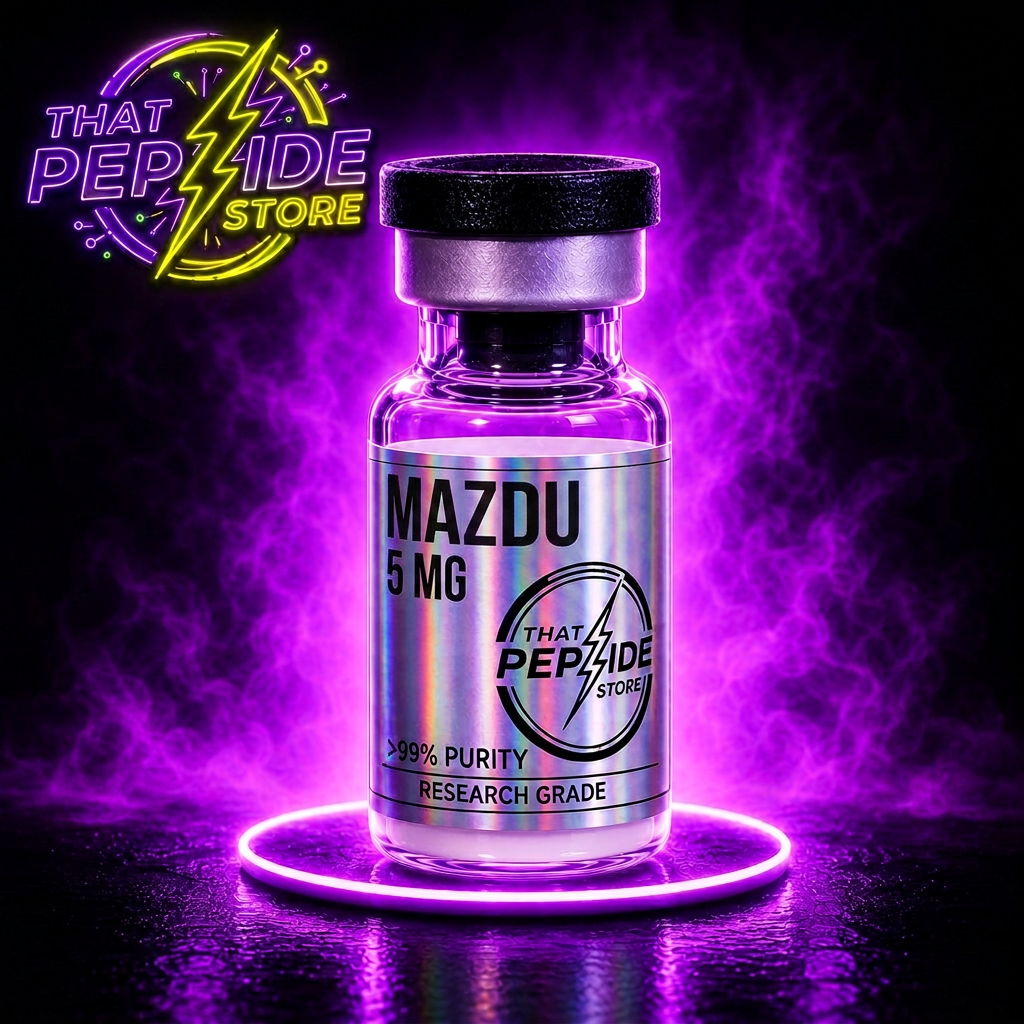 Mazdu 5mg research peptide vial — lyophilized powder, ≥99% HPLC purity, third-party COA available. For research use only.