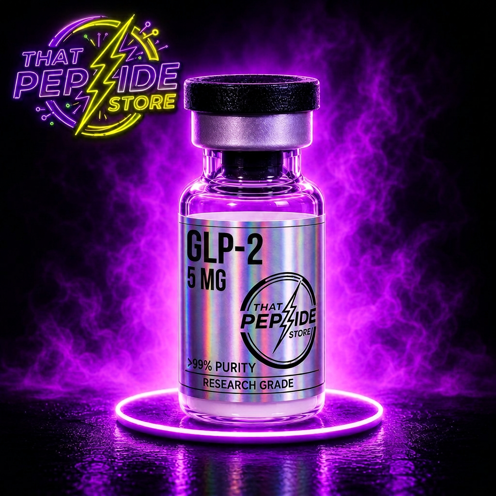 GLP-2 TRZ 5mg research peptide vial — lyophilized powder, ≥99% HPLC purity, third-party COA available. For research use only.