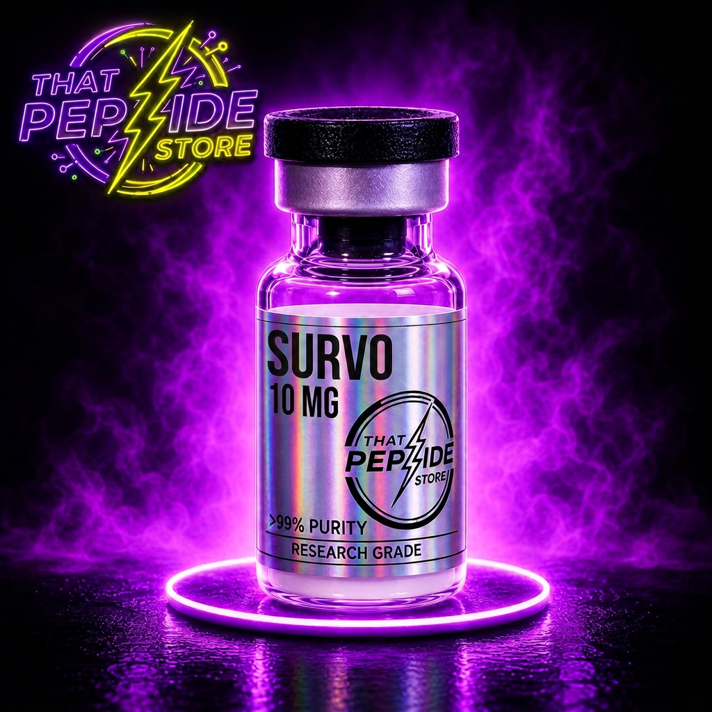 Survo 10mg research peptide vial — lyophilized powder, ≥99% HPLC purity, third-party COA available. For research use only.