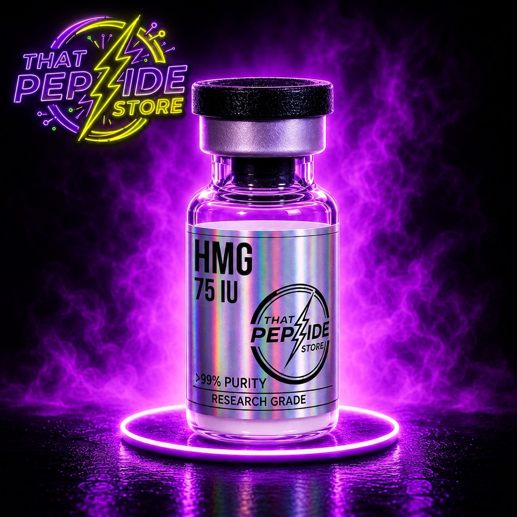 HMG 75IU research peptide vial — lyophilized powder, ≥99% HPLC purity, third-party COA available. For research use only.