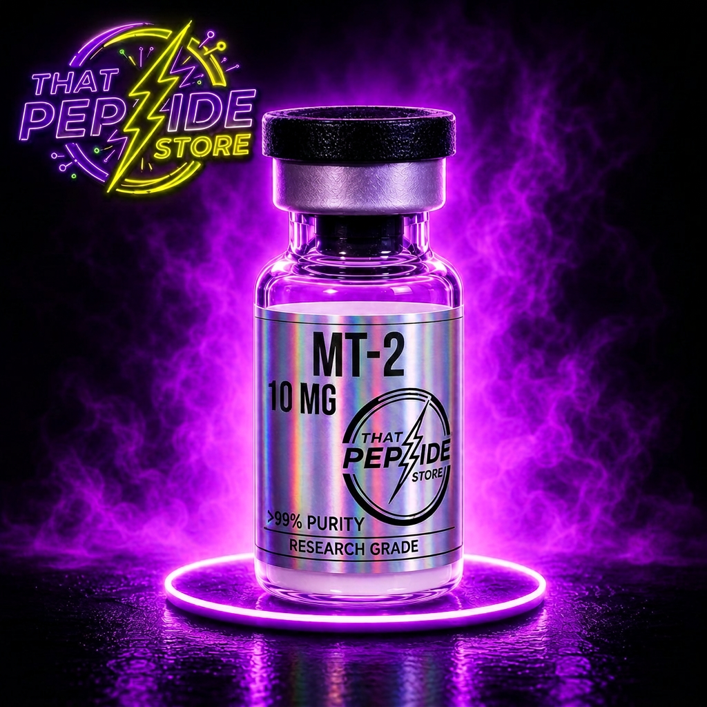 Melanotan II 10mg research peptide vial — lyophilized powder, ≥99% HPLC purity, third-party COA available. For research use only.